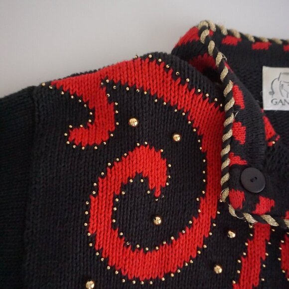 Vintage Gantos Black Knit Red Beaded Swirl Button Up Sweater M - Picture 12 of 13